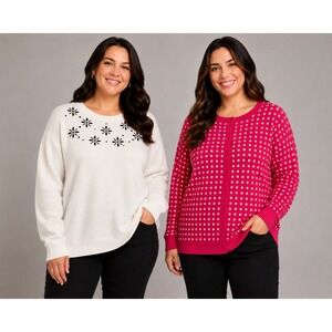 Merona Womens Sweater Bundle XL Pink Dot Cardigan &‎ Cream Embellished Pullover